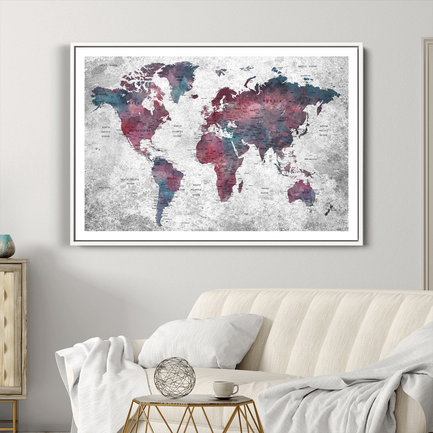 Push Pin World Map Canvas Print – Framed Wall Art for Couples to Track Their Travels – Anniversary Gift or Home Adventure Decor