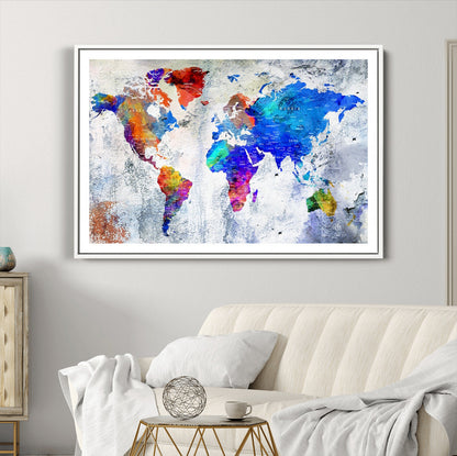 Push Pin World Map Canvas Print – Framed Wall Art for Couples to Track Their Travels – Anniversary Gift or Home Adventure Decor