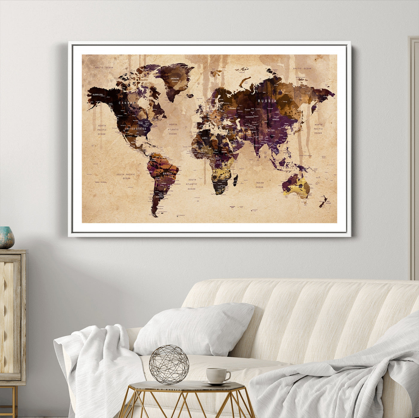 Push Pin World Map Canvas Print – Framed Wall Art for Couples to Track Their Travels – Anniversary Gift or Home Adventure Decor