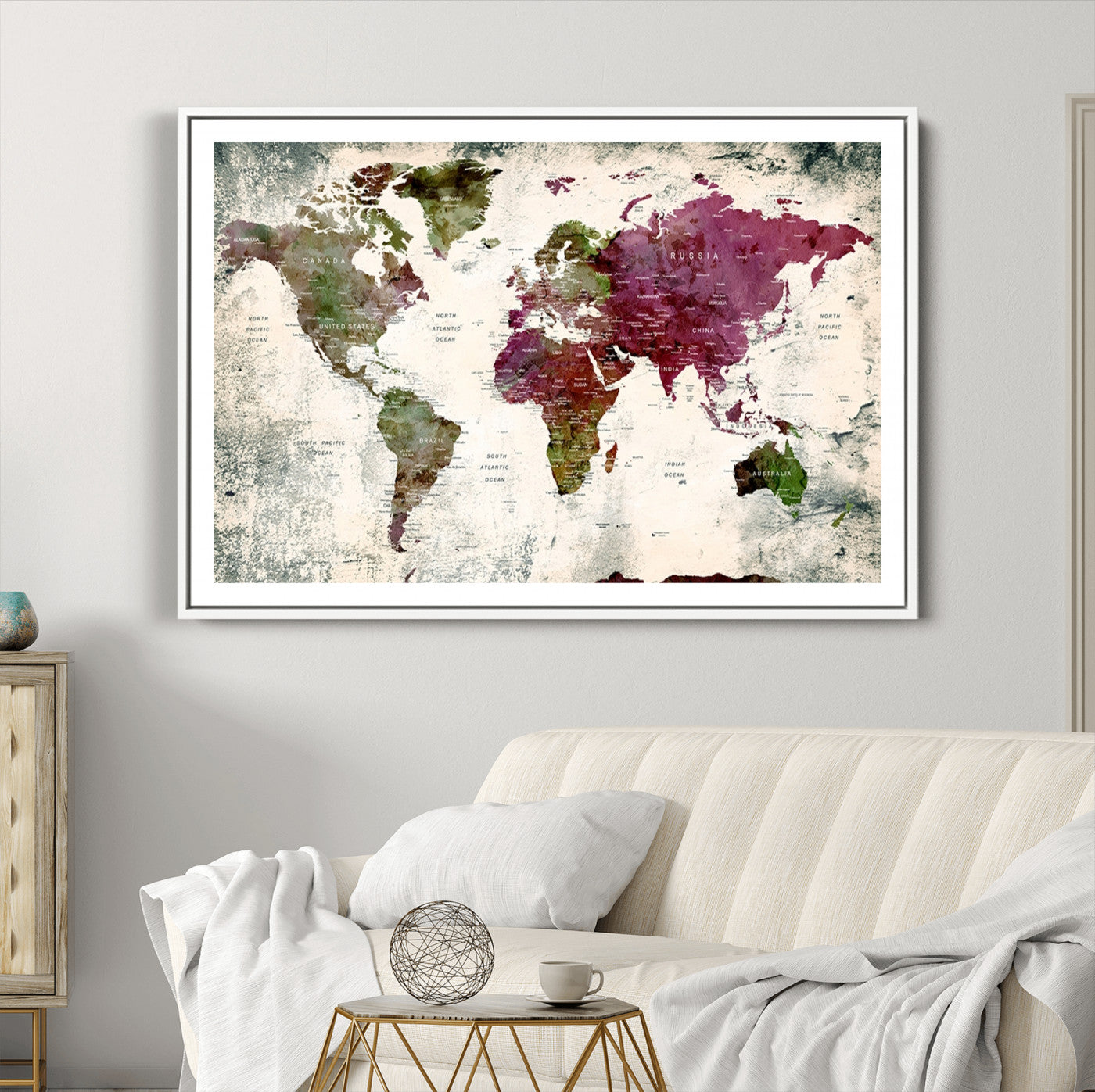 Push Pin World Map Canvas Print – Framed Wall Art for Couples to Track Their Travels – Anniversary Gift or Home Adventure Decor