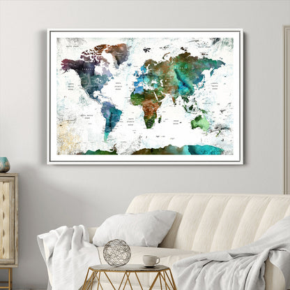 Push Pin World Map Canvas Print – Framed Wall Art for Couples to Track Their Travels – Anniversary Gift or Home Adventure Decor