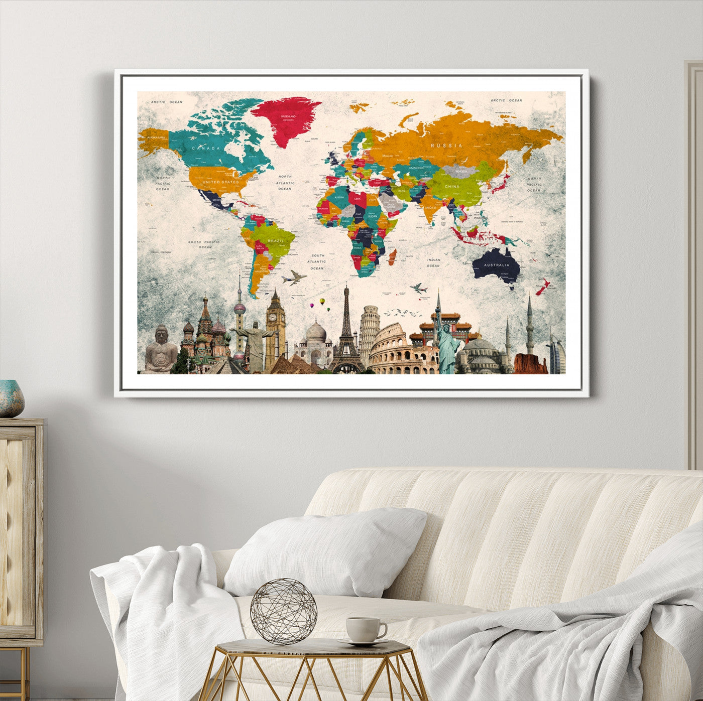 Push Pin World Map Canvas Print – Framed Wall Art for Couples to Track Their Travels – Anniversary Gift or Home Adventure Decor