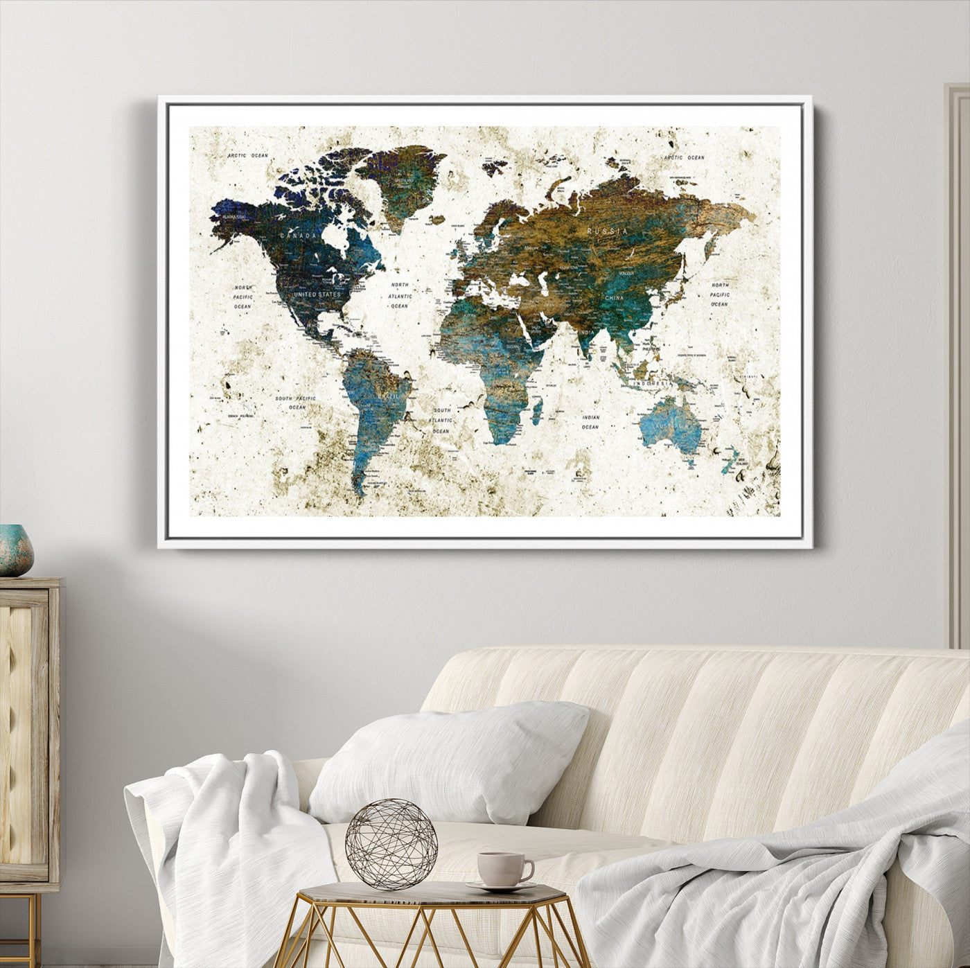 Vintage World Map Wall Art Canvas Print, Framed Rustic Earth Map Art Picture Print, Antique Map Perfect Rustic Vintage Decor Artwork
