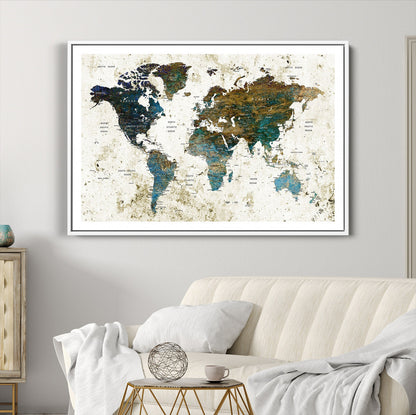 Vintage World Map Wall Art Canvas Print, Framed Rustic Earth Map Art Picture Print, Antique Map Perfect Rustic Vintage Decor Artwork