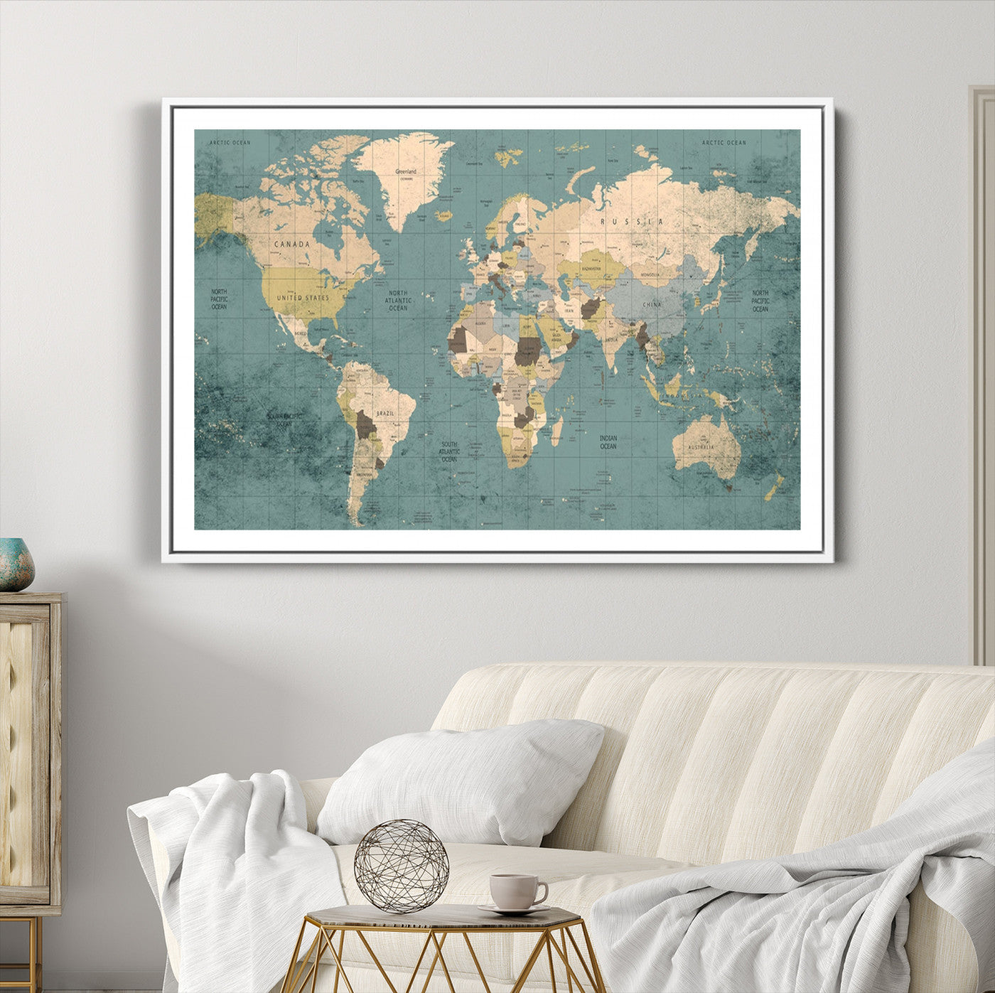 Classic World Map Wall Art Canvas Print, Framed Retro Map Art Picture Print, Vintage Atlas Perfect Rustic Explorer Decor Artwork