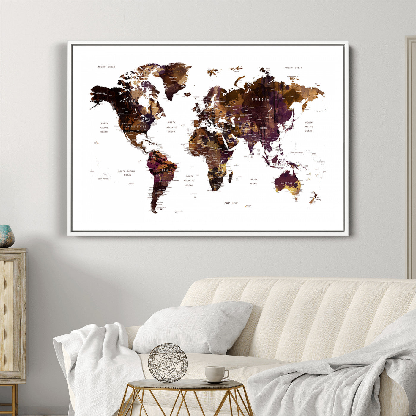 Push Pin World Map Canvas Print – Framed Wall Art for Couples to Track Their Travels – Anniversary Gift or Home Adventure Decor