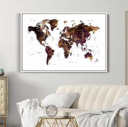 Push Pin World Map Canvas Print – Framed Wall Art for Couples to Track Their Travels – Anniversary Gift or Home Adventure Decor
