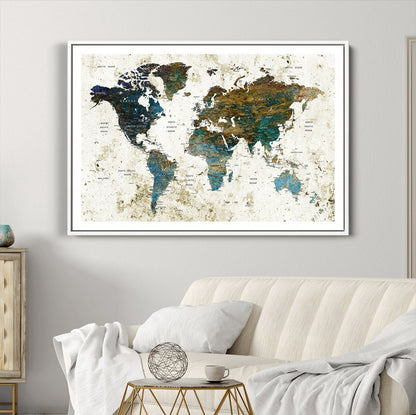 Push Pin World Map Canvas Print – Framed Wall Art for Couples to Track Their Travels – Anniversary Gift or Home Adventure Decor
