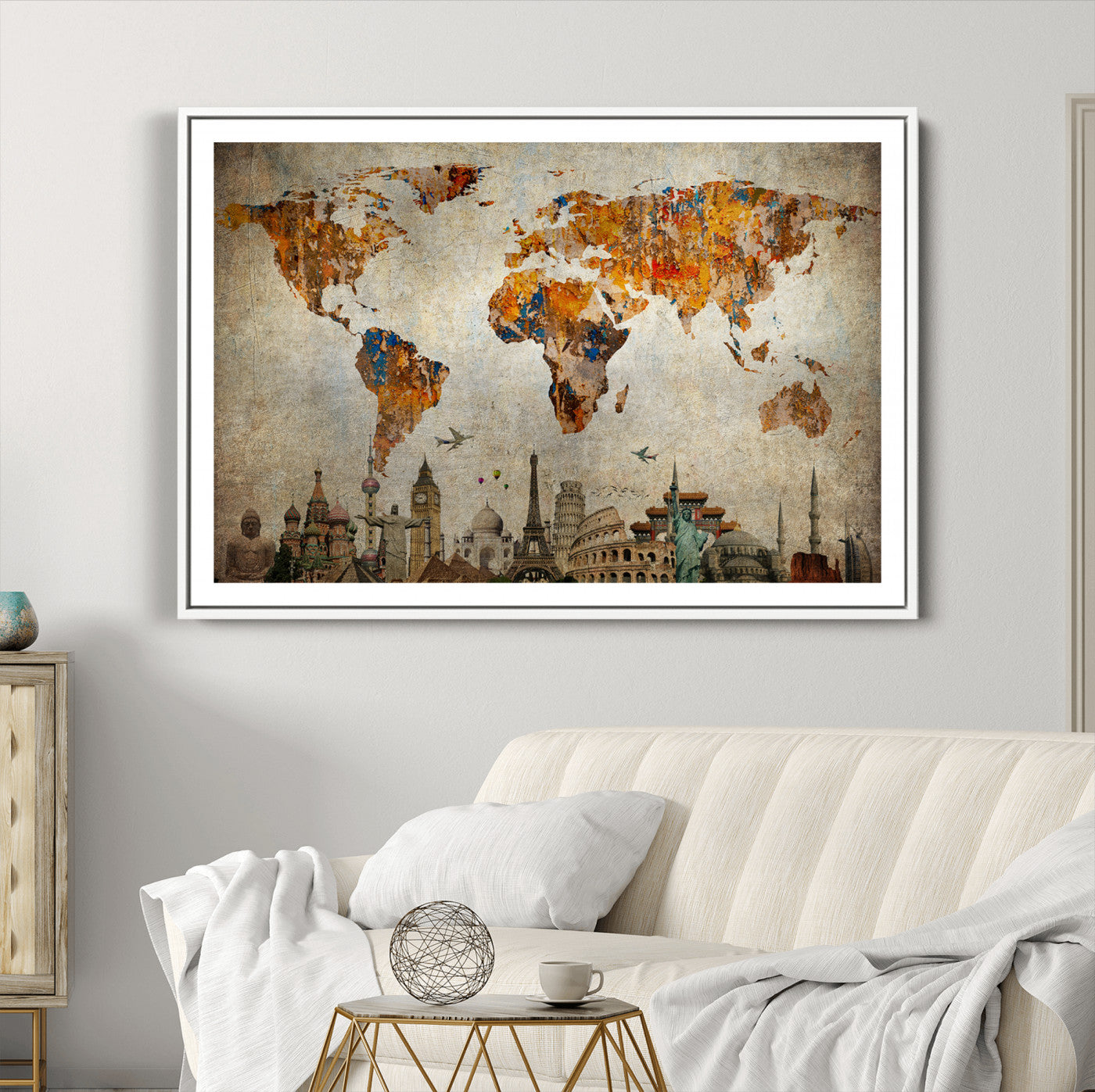 Push Pin World Map Canvas Print – Framed Wall Art for Couples to Track Their Travels – Anniversary Gift or Home Adventure Decor