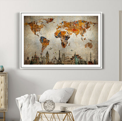 Push Pin World Map Canvas Print – Framed Wall Art for Couples to Track Their Travels – Anniversary Gift or Home Adventure Decor