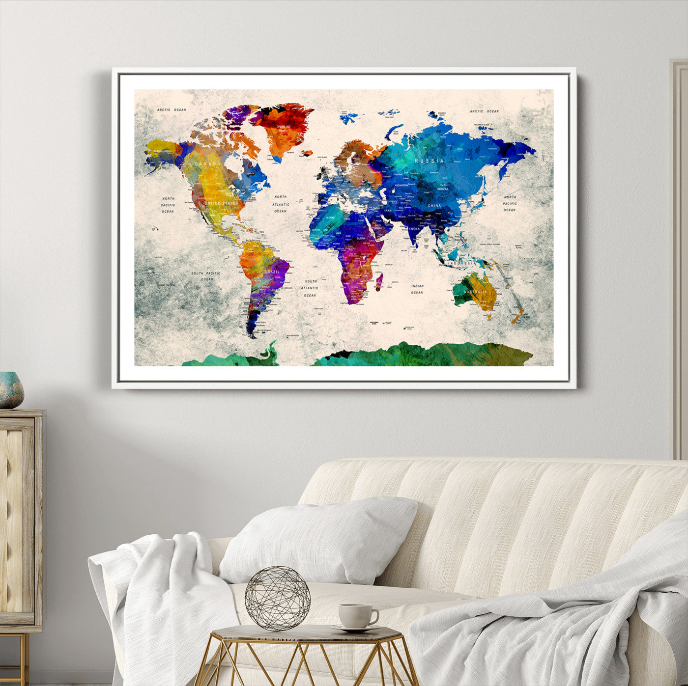 Push Pin World Map Canvas Print – Framed Wall Art for Couples to Track Their Travels – Anniversary Gift or Home Adventure Decor