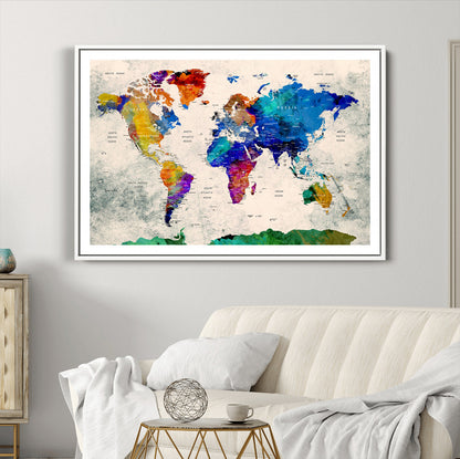 Push Pin World Map Canvas Print – Framed Wall Art for Couples to Track Their Travels – Anniversary Gift or Home Adventure Decor
