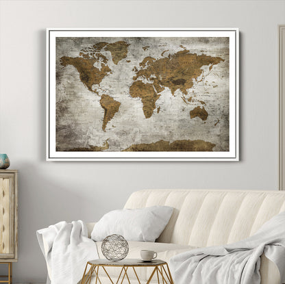 Push Pin World Map Canvas Print – Framed Wall Art for Couples to Track Their Travels – Anniversary Gift or Home Adventure Decor