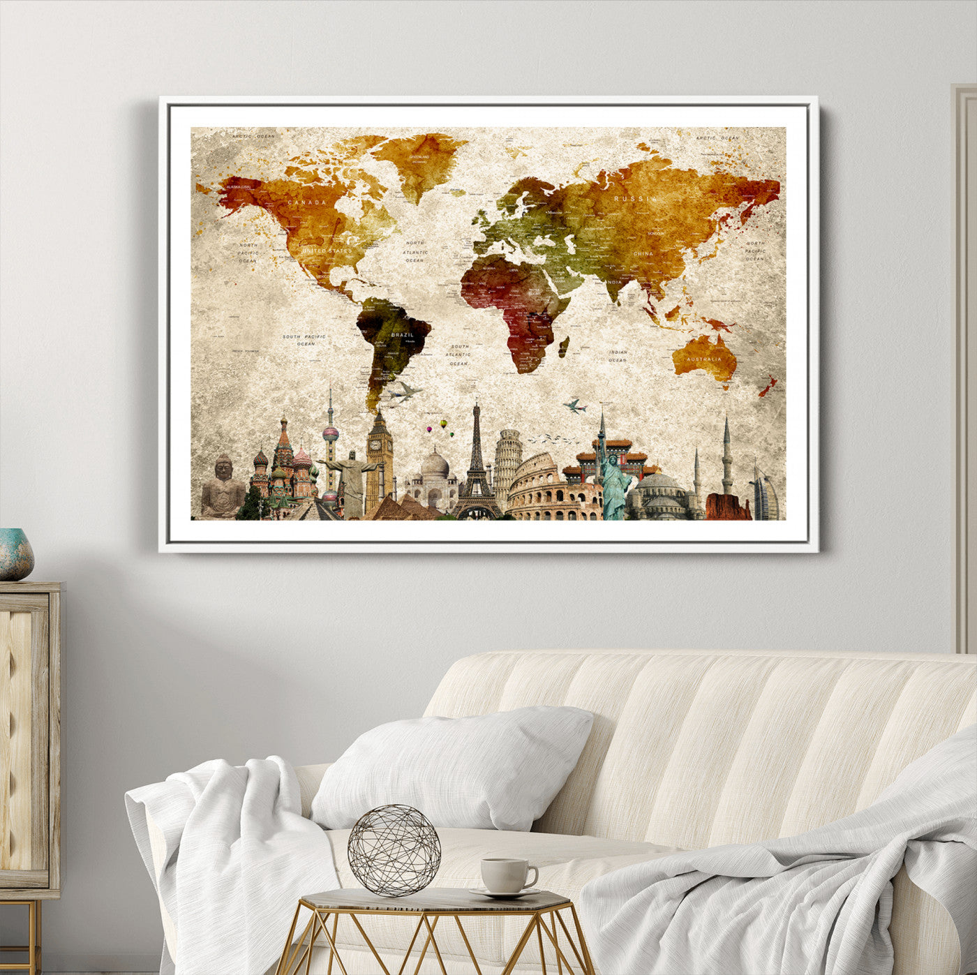 Push Pin World Map Canvas Print – Framed Wall Art for Couples to Track Their Travels – Anniversary Gift or Home Adventure Decor