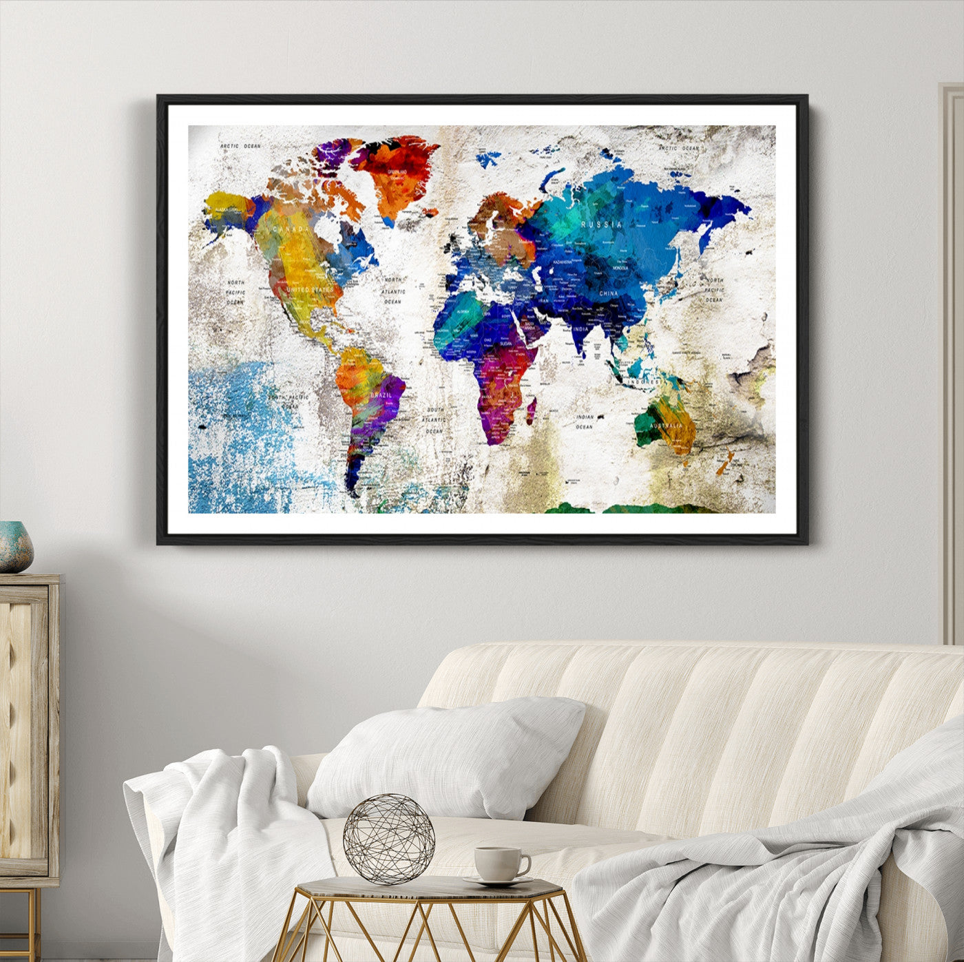 Push Pin World Map Canvas Print – Framed Wall Art for Couples to Track Their Travels – Anniversary Gift or Home Adventure Decor