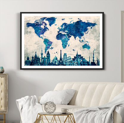Navy Blue World Map Canvas Print, Wonder of World Map Push Pin Canvas Print