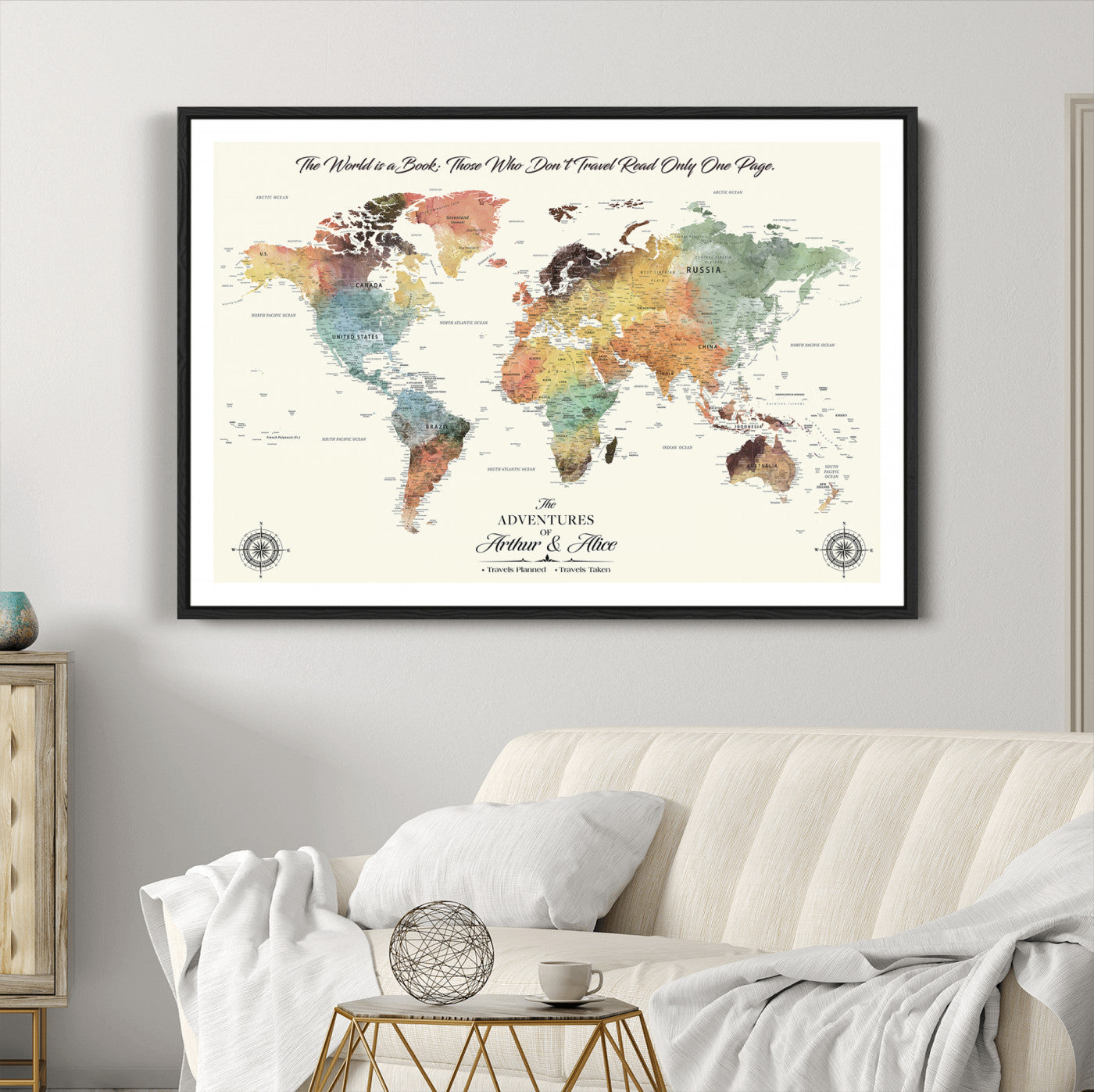 40183091-MGC-FP-36x24-Custom Framed World Map Canvas Print – Personalized Push Pin Travel Tracker Gift for Couples, Weddings, or Anniversary Celebrations
