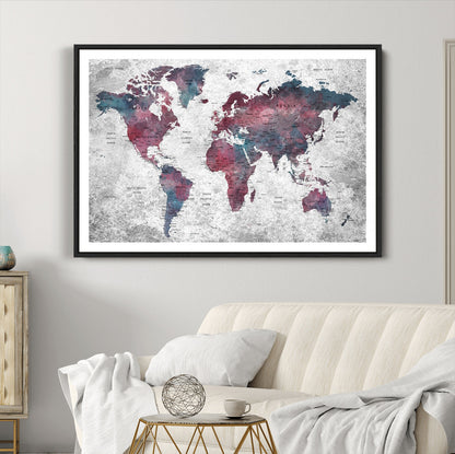 Push Pin World Map Canvas Print – Framed Wall Art for Couples to Track Their Travels – Anniversary Gift or Home Adventure Decor