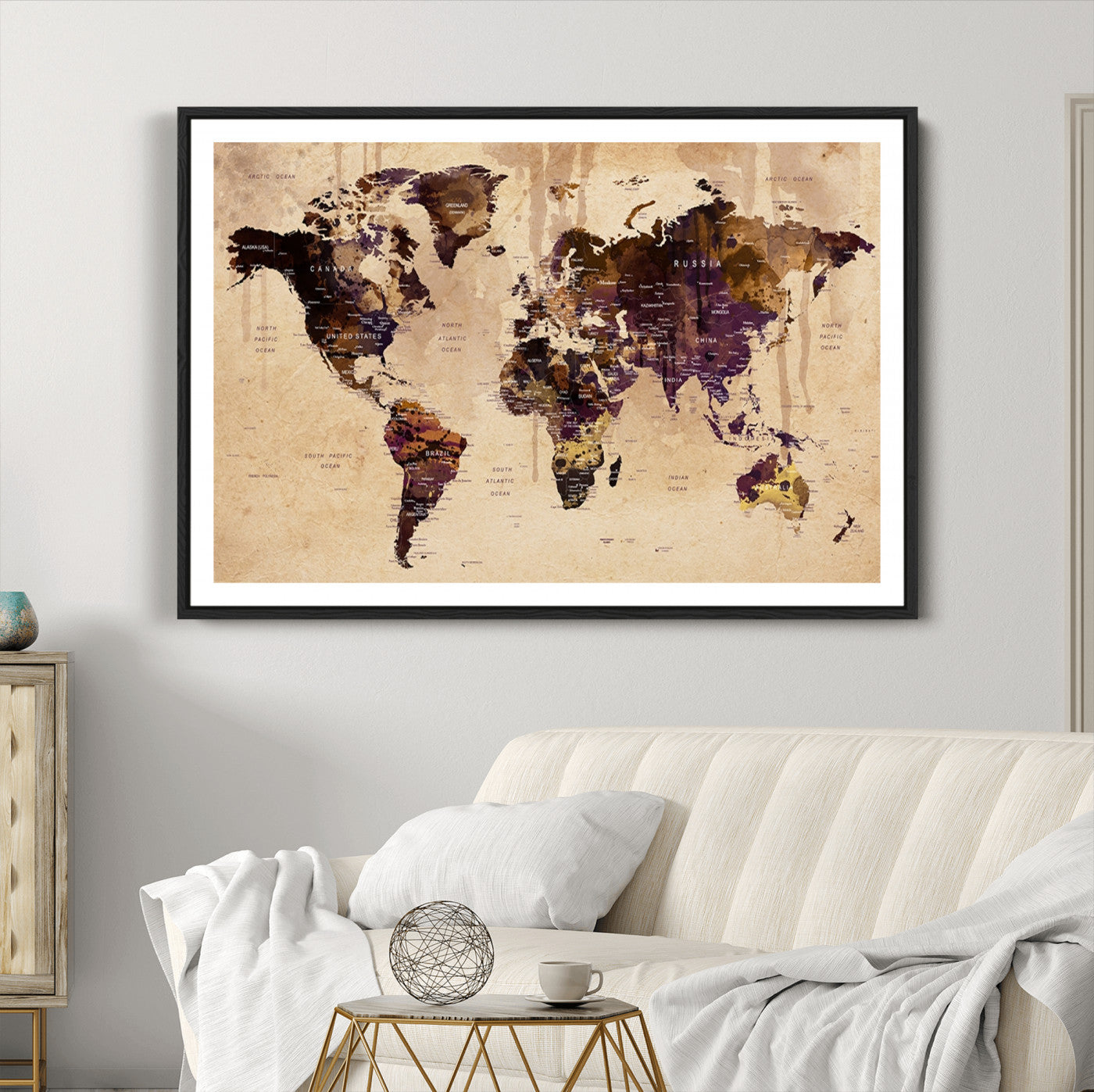 Push Pin World Map Canvas Print – Framed Wall Art for Couples to Track Their Travels – Anniversary Gift or Home Adventure Decor