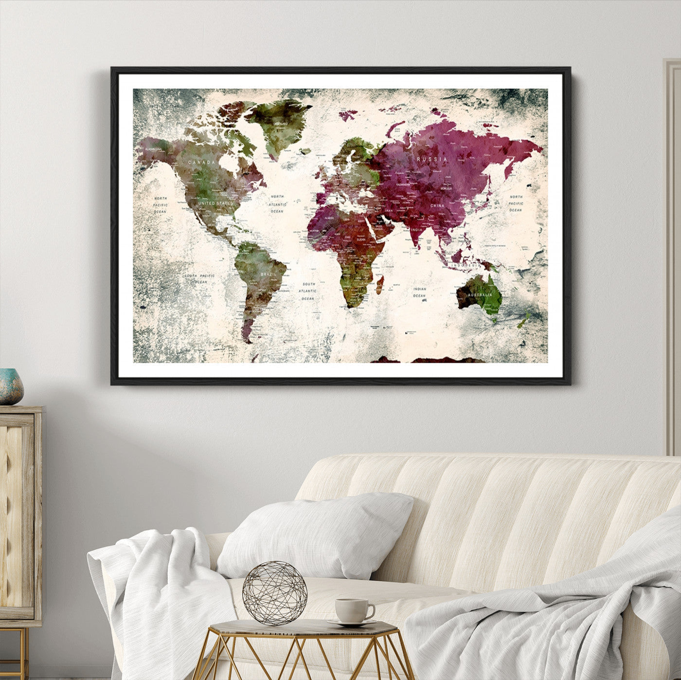 Push Pin World Map Canvas Print – Framed Wall Art for Couples to Track Their Travels – Anniversary Gift or Home Adventure Decor