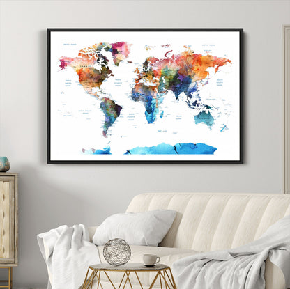 Push Pin World Map Canvas Print – Framed Wall Art for Couples to Track Their Travels – Anniversary Gift or Home Adventure Decor