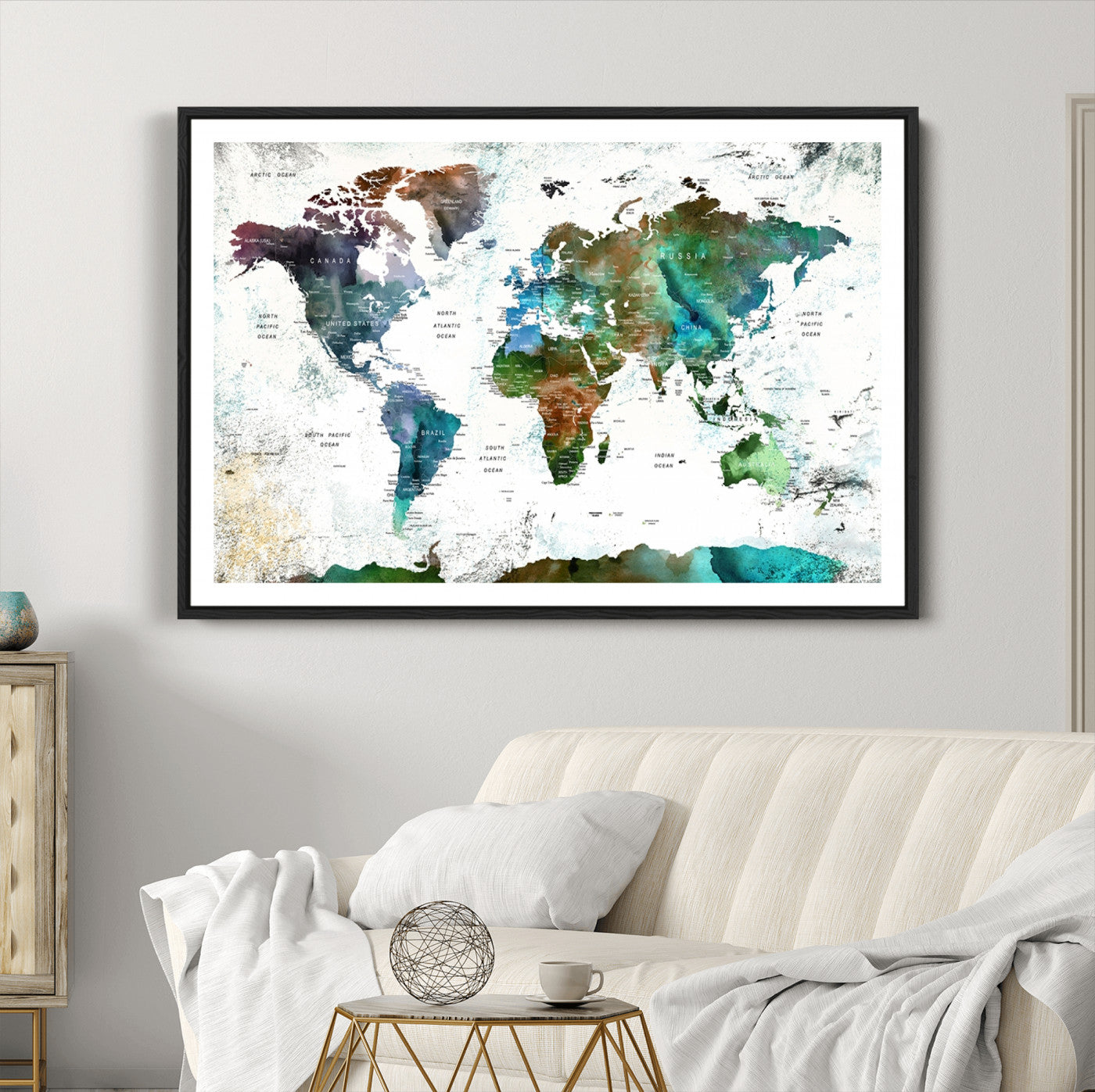 Push Pin World Map Canvas Print – Framed Wall Art for Couples to Track Their Travels – Anniversary Gift or Home Adventure Decor