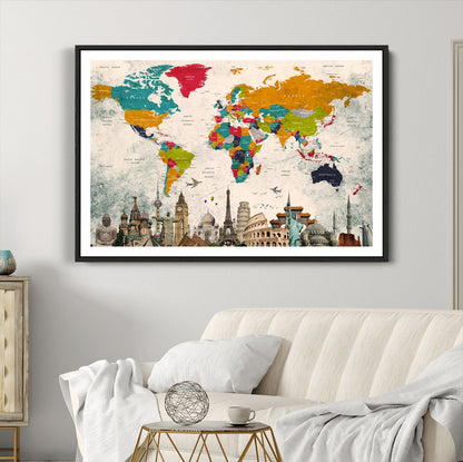 Push Pin World Map Canvas Print – Framed Wall Art for Couples to Track Their Travels – Anniversary Gift or Home Adventure Decor