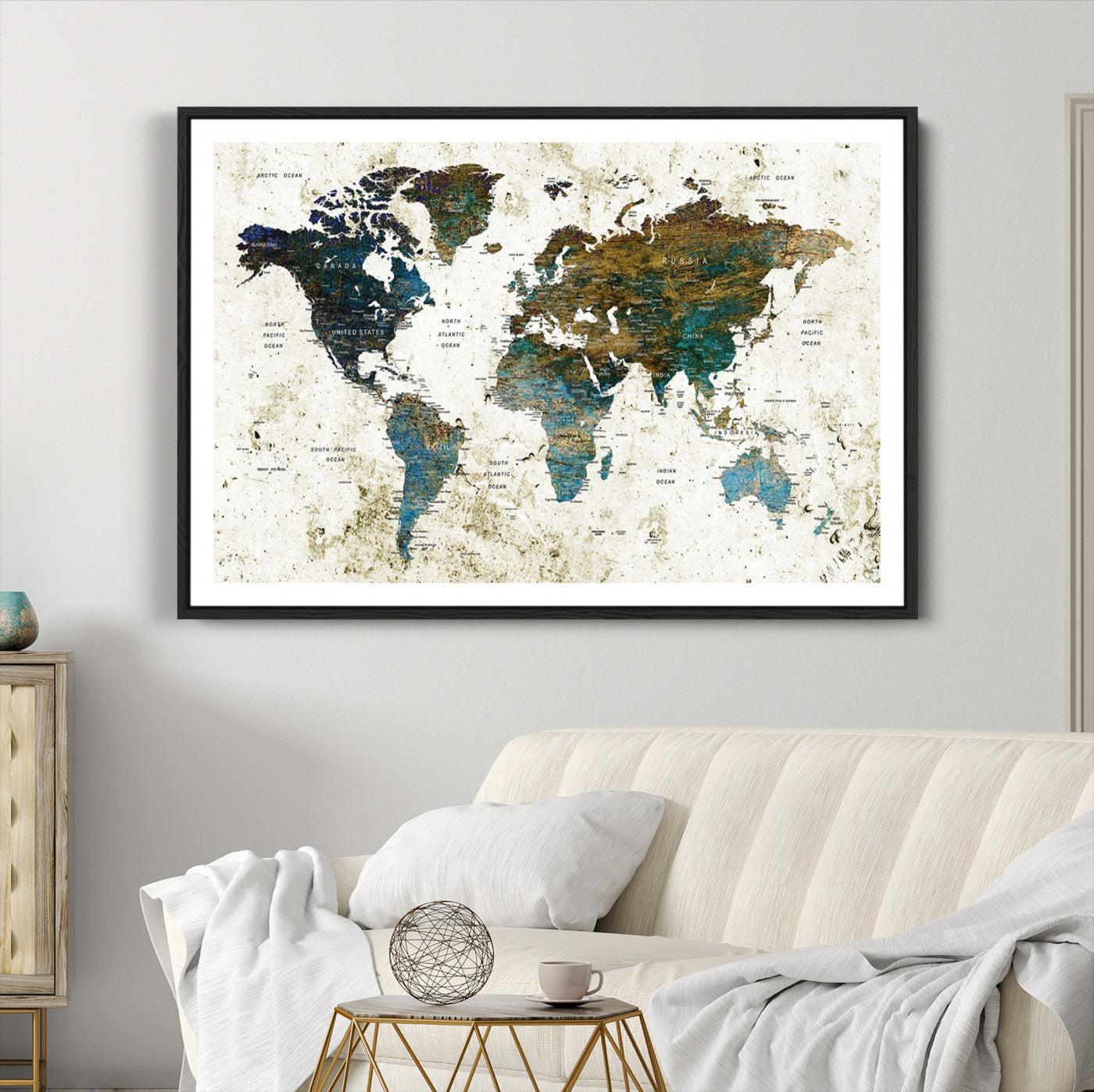 Vintage World Map Wall Art Canvas Print, Framed Rustic Earth Map Art Picture Print, Antique Map Perfect Rustic Vintage Decor Artwork