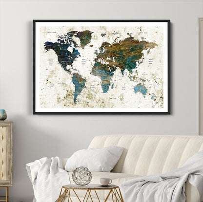 Vintage World Map Wall Art Canvas Print, Framed Rustic Earth Map Art Picture Print, Antique Map Perfect Rustic Vintage Decor Artwork