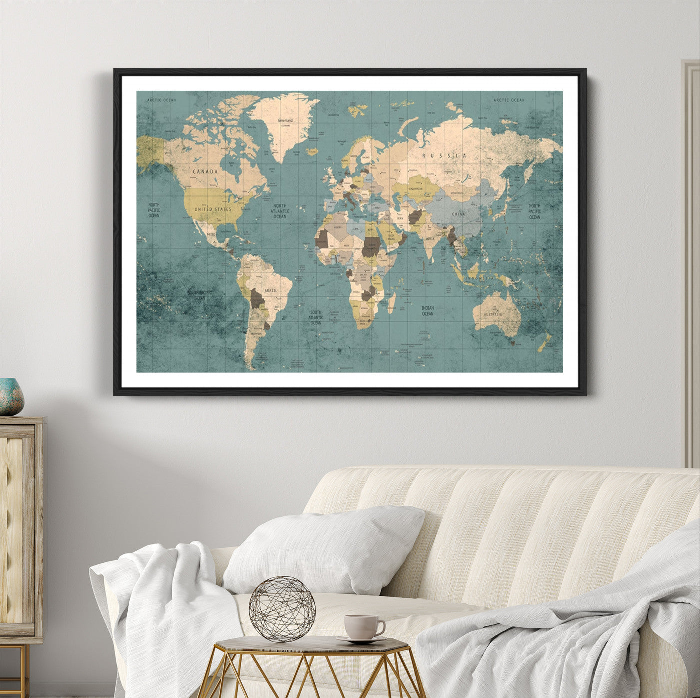 Classic World Map Wall Art Canvas Print, Framed Retro Map Art Picture Print, Vintage Atlas Perfect Rustic Explorer Decor Artwork