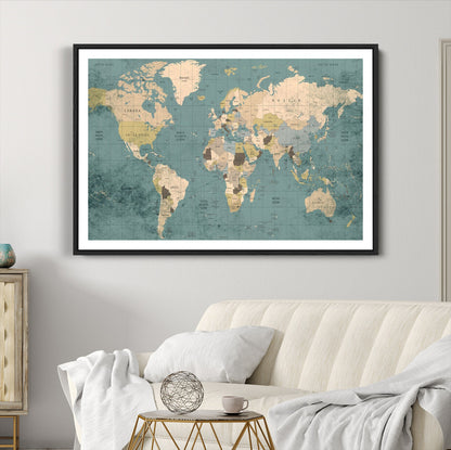 Classic World Map Wall Art Canvas Print, Framed Retro Map Art Picture Print, Vintage Atlas Perfect Rustic Explorer Decor Artwork