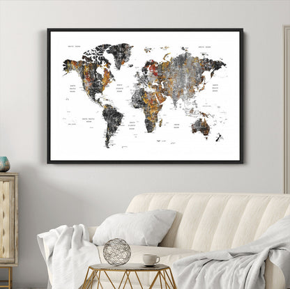 Push Pin World Map Canvas Print – Framed Wall Art for Couples to Track Their Travels – Anniversary Gift or Home Adventure Decor