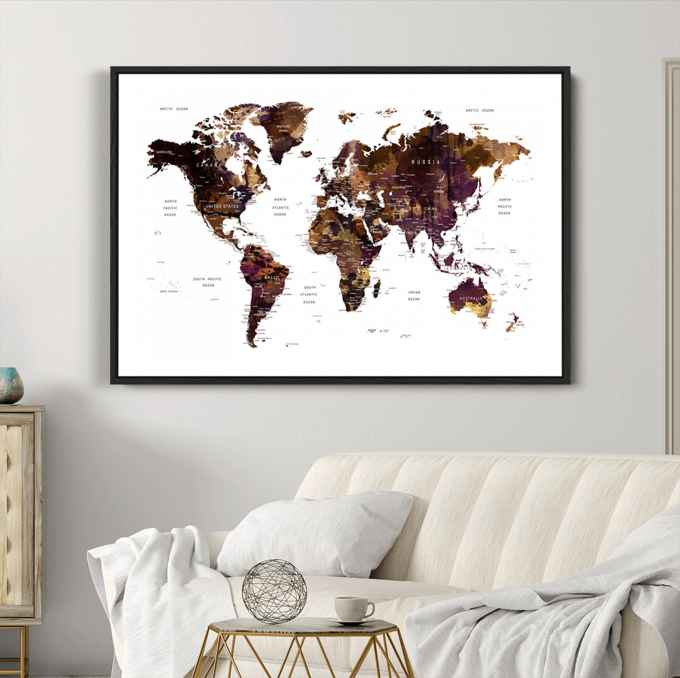 Push Pin World Map Canvas Print – Framed Wall Art for Couples to Track Their Travels – Anniversary Gift or Home Adventure Decor
