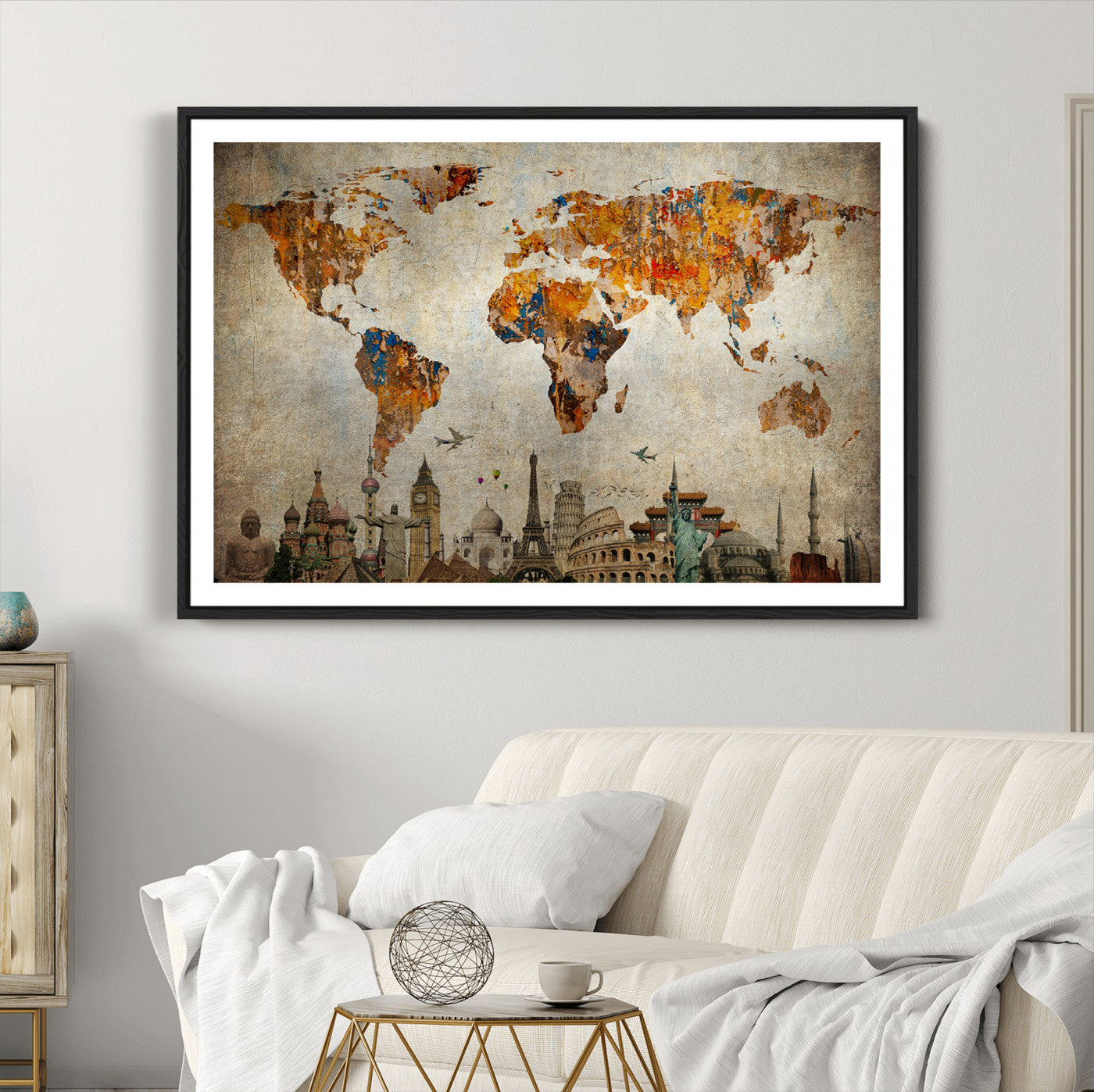 Push Pin World Map Canvas Print – Framed Wall Art for Couples to Track Their Travels – Anniversary Gift or Home Adventure Decor
