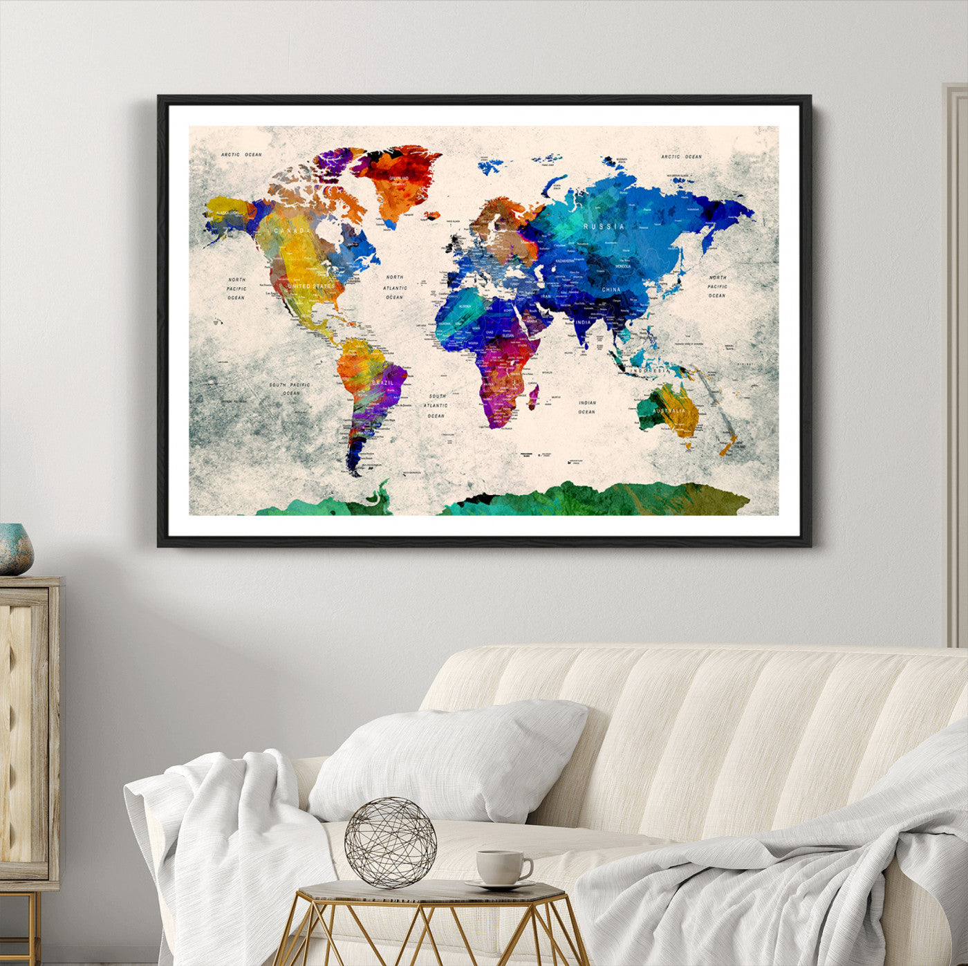 Push Pin World Map Canvas Print – Framed Wall Art for Couples to Track Their Travels – Anniversary Gift or Home Adventure Decor