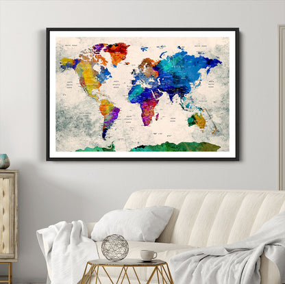 Push Pin World Map Canvas Print – Framed Wall Art for Couples to Track Their Travels – Anniversary Gift or Home Adventure Decor