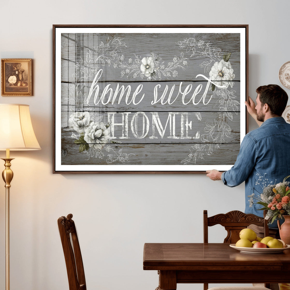 Home Sweet Home Sign Wall Art Canvas Print, Floral Farmhouse Decor