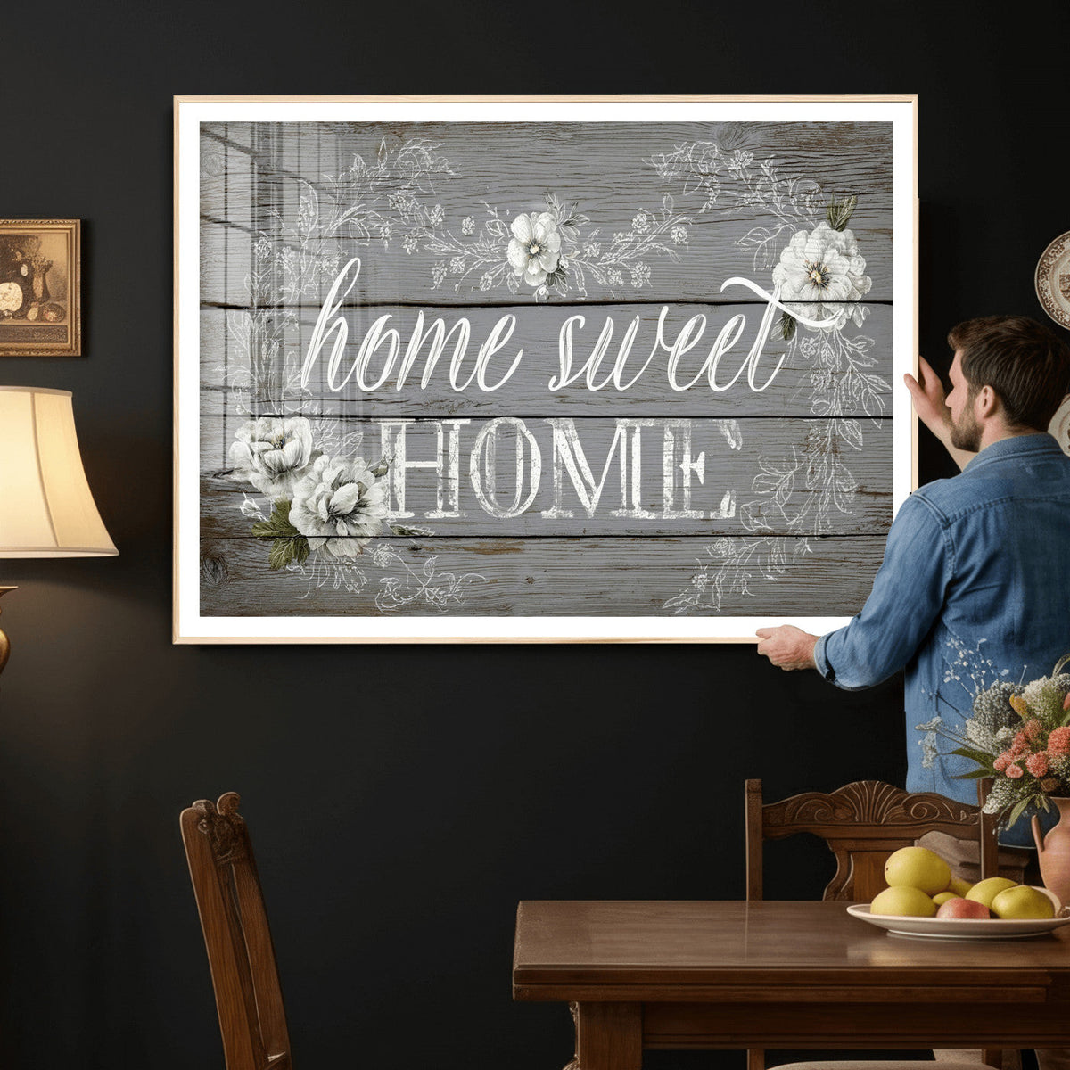 Home Sweet Home Sign Wall Art Canvas Print, Floral Farmhouse Decor