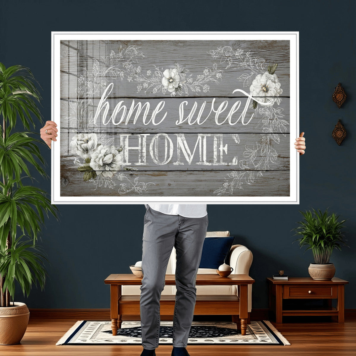 Home Sweet Home Sign Wall Art Canvas Print, Floral Farmhouse Decor