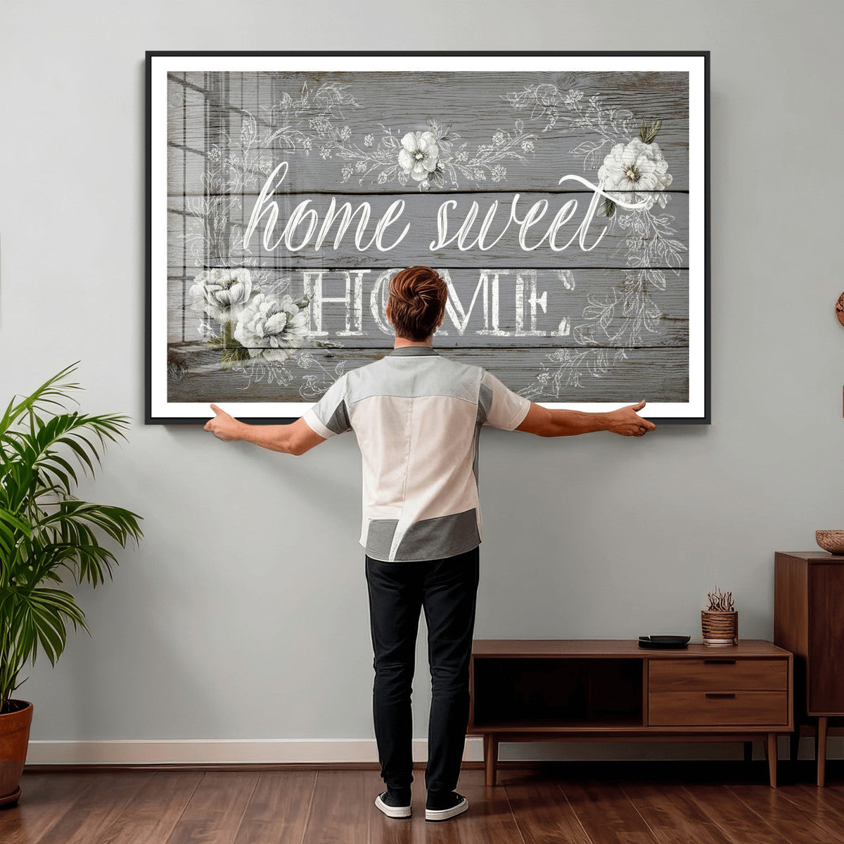 Home Sweet Home Sign Wall Art Canvas Print, Floral Farmhouse Decor