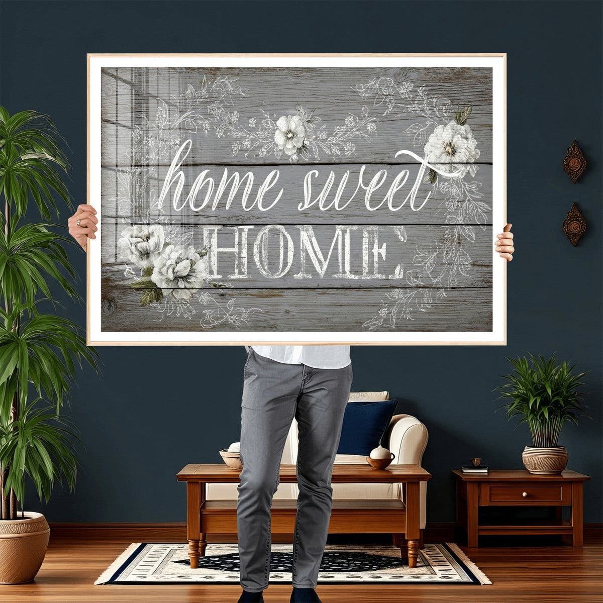 Home Sweet Home Sign Wall Art Canvas Print, Floral Farmhouse Decor