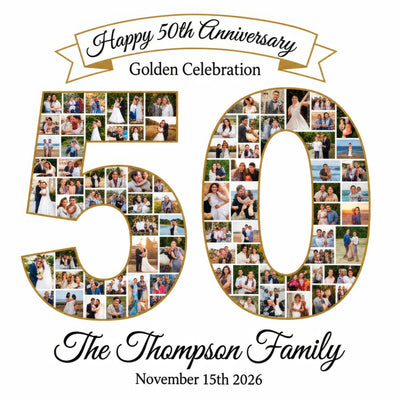 Personalized 50th Anniversary Photo Collage Wall Art Print, Golden Celebration Gift
