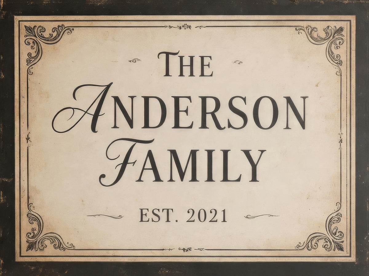 Ornate vintage family sign, charcoal border, print option