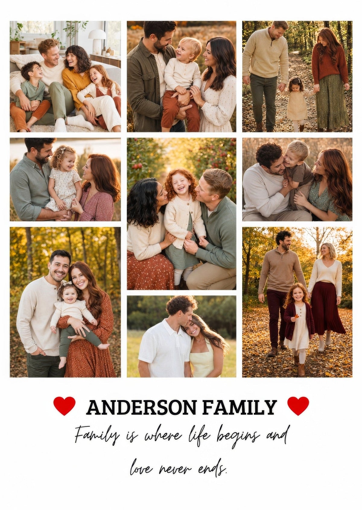 Personalized family photo collage with hearts, full design view