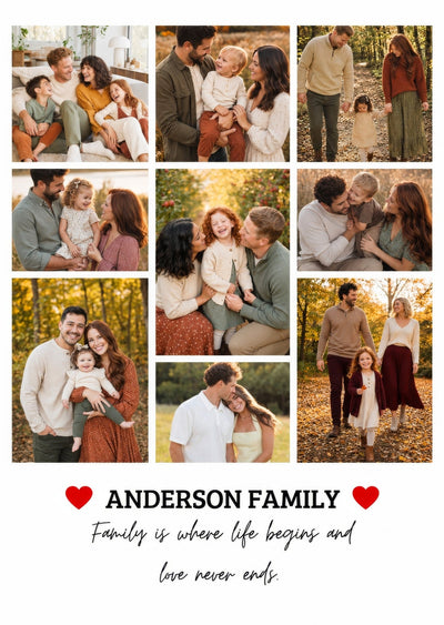 Personalized family photo collage with hearts, full design view