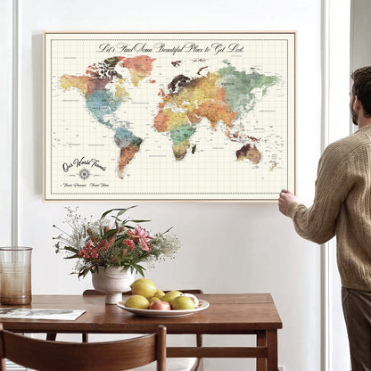 '-Custom Framed World Map Canvas Print – Personalized Push Pin Travel Tracker Gift for Couples, Weddings, or Anniversary Celebrations - H76