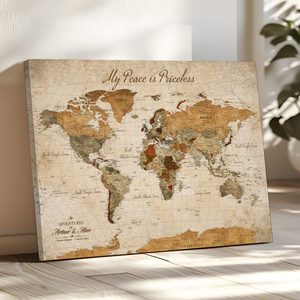 '-Framed Push Pin World Travel Map – Canvas Wall Art for Tracking Adventures, Decorative Vintage Style Map with Pins for Home or Office - H1