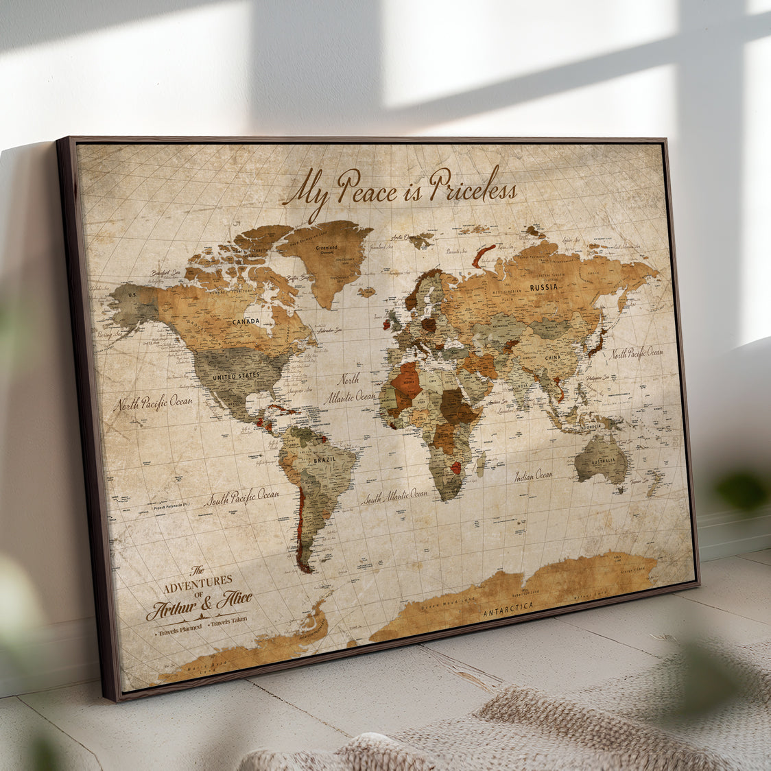 '-Framed Push Pin World Travel Map – Canvas Wall Art for Tracking Adventures, Decorative Vintage Style Map with Pins for Home or Office - H1