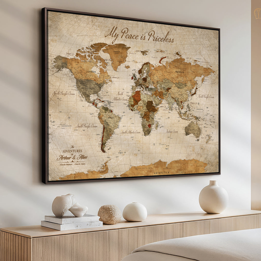 '-Framed Push Pin World Travel Map – Canvas Wall Art for Tracking Adventures, Decorative Vintage Style Map with Pins for Home or Office - H1