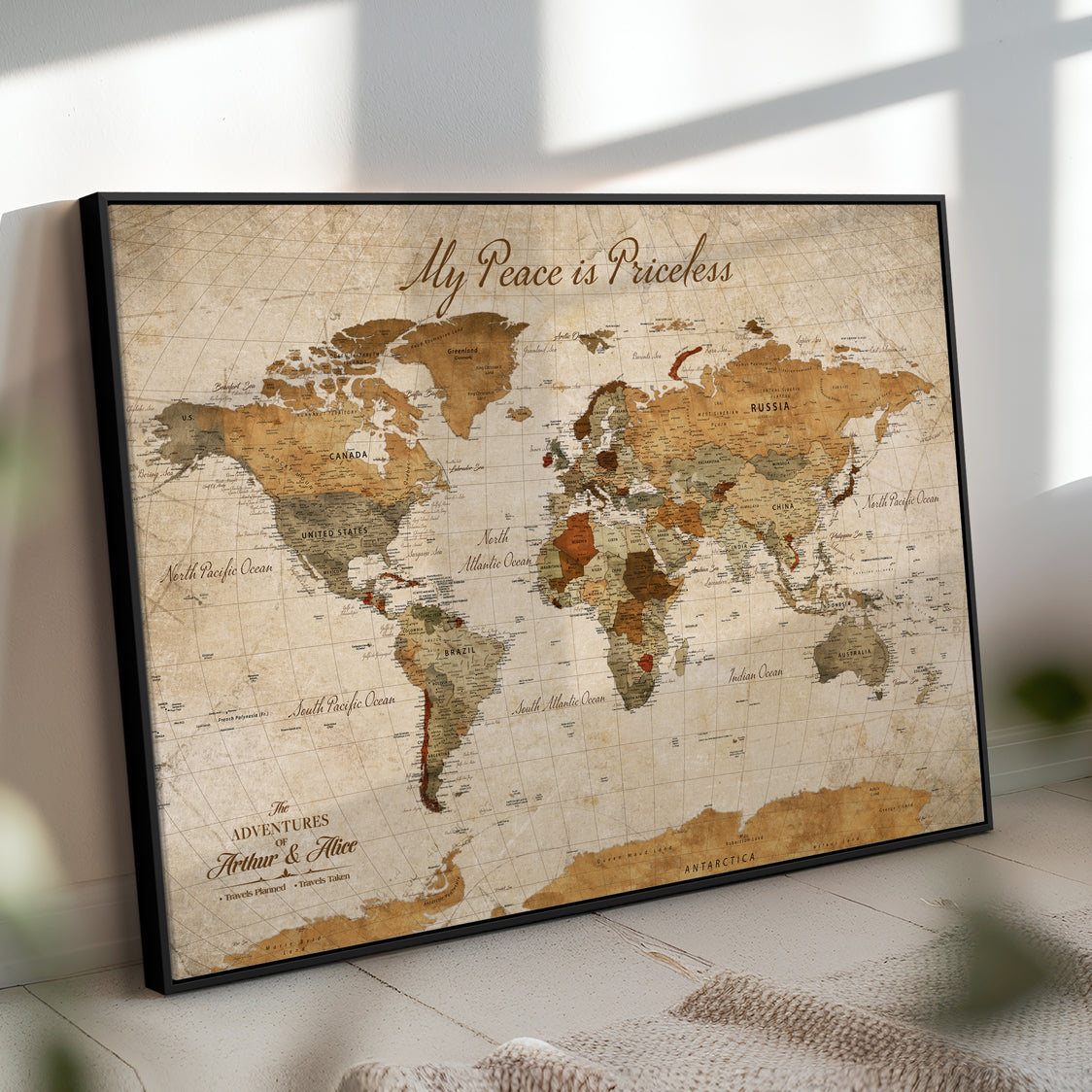 '-Framed Push Pin World Travel Map – Canvas Wall Art for Tracking Adventures, Decorative Vintage Style Map with Pins for Home or Office - H1